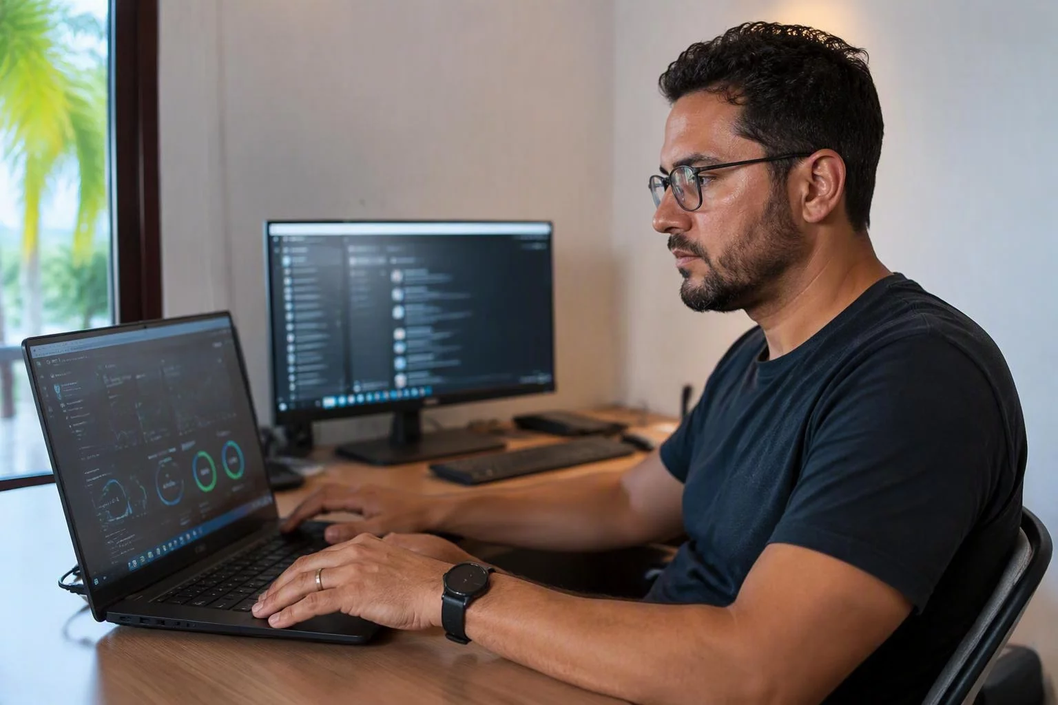 Analista de plantão conferindo o painel de um site no notebook